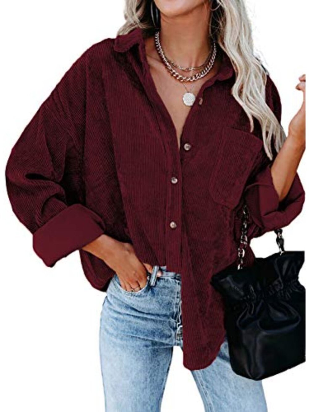 Corduroy Button Down Shirt Long Sleeve Oversized Boyfriend Blouse